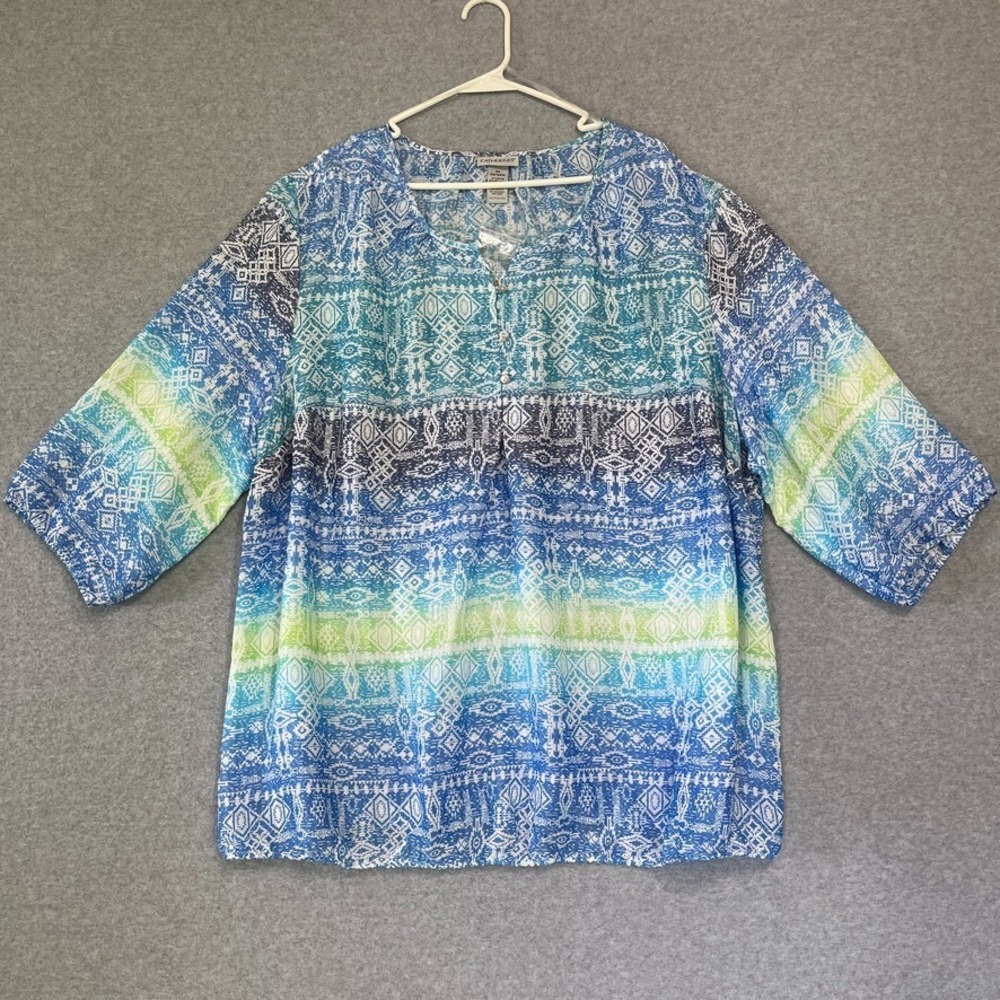 Catherines Top Womens 2X Plus Blue Santa Fe Peasant 3/4 Sleeve Boho Lightweight